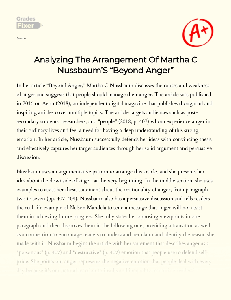 Analyzing The Arrangement of Martha C Nussbaum’s "Beyond Anger" essay