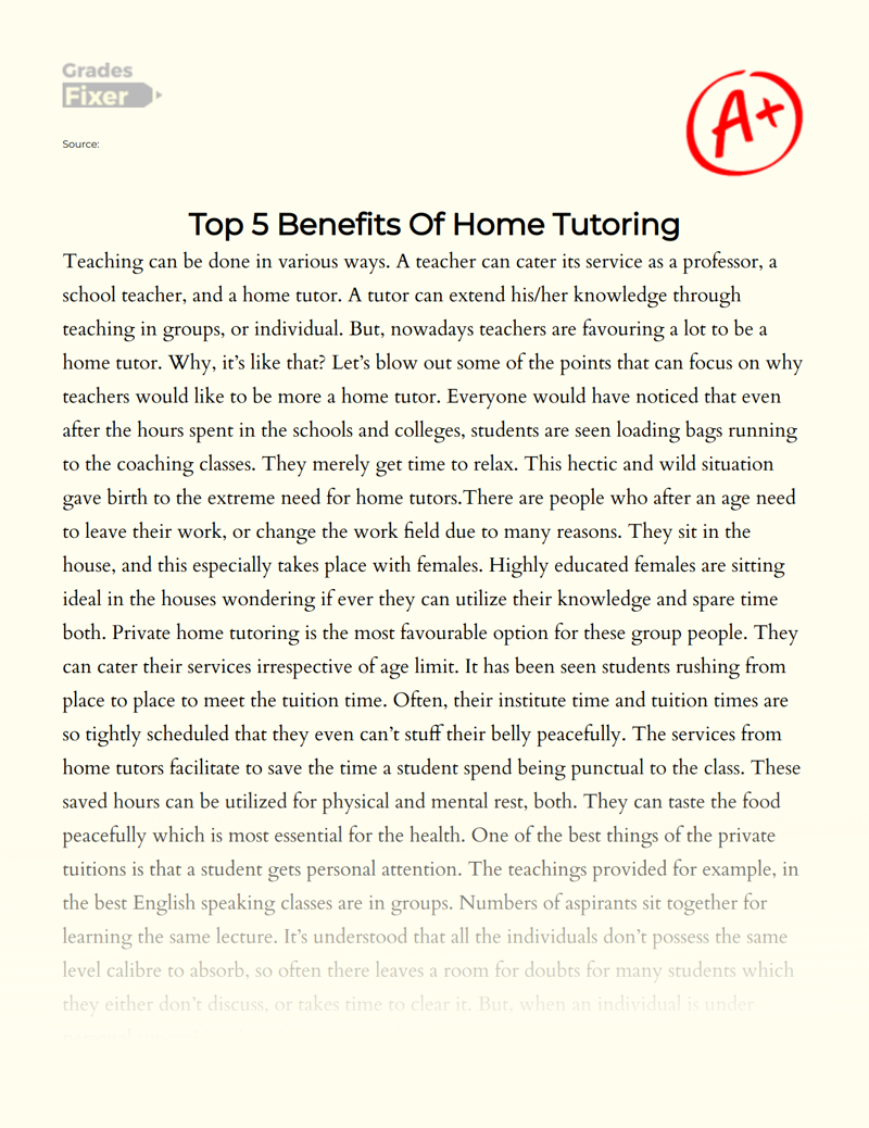 Top 5 Benefits of Home Tutoring Essay