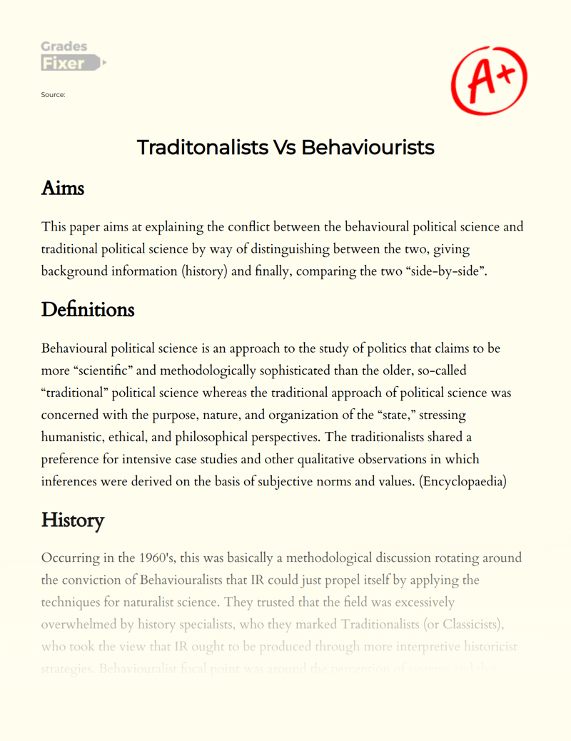 Traditional Versus Behavioral Approach to Political Science Essay