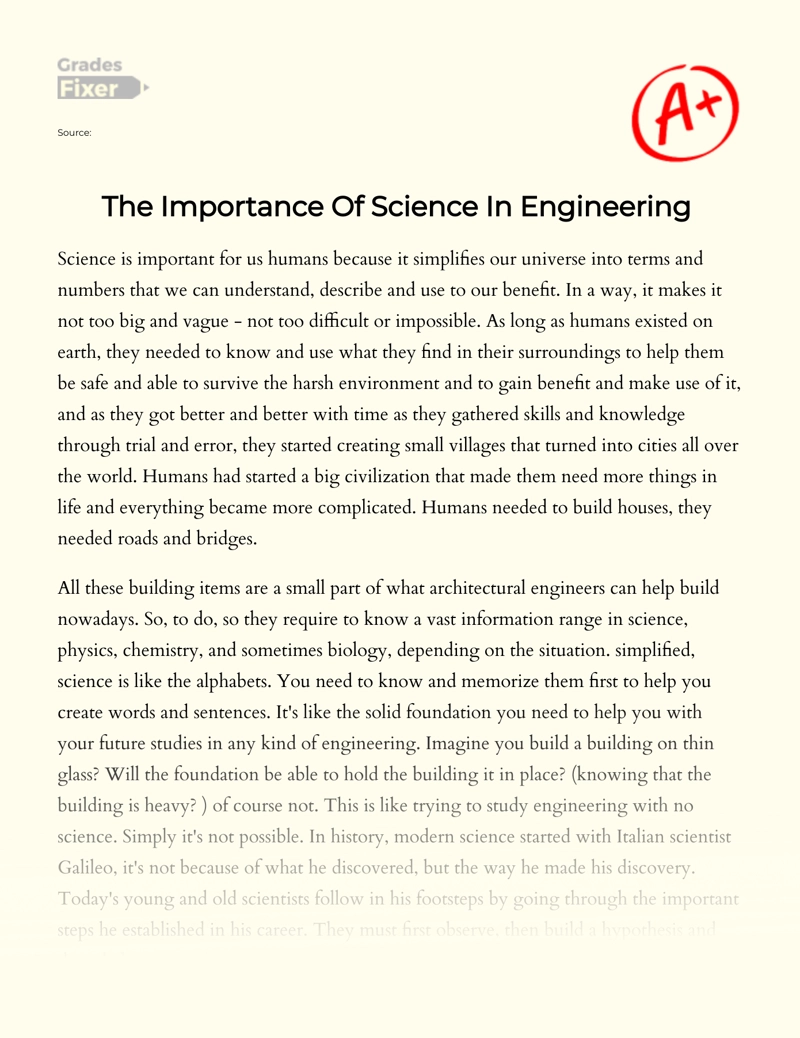 The Importance of Science in Engineering for Human Essay