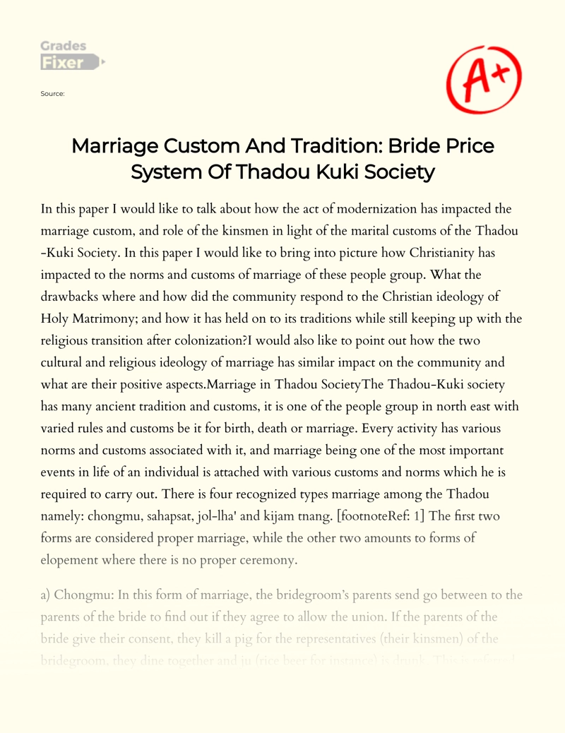 Marriage Custom and Tradition: Bride Price System of Thadou Kuki Society essay