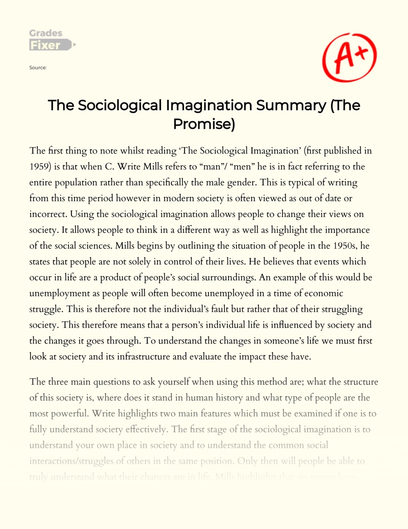 Review of "The Sociological Imagination" by C. Write Mills essay