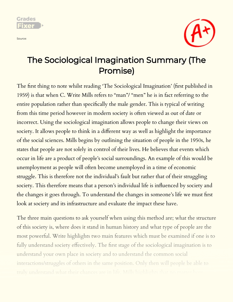 Review of "The Sociological Imagination" by C. Write Mills Essay