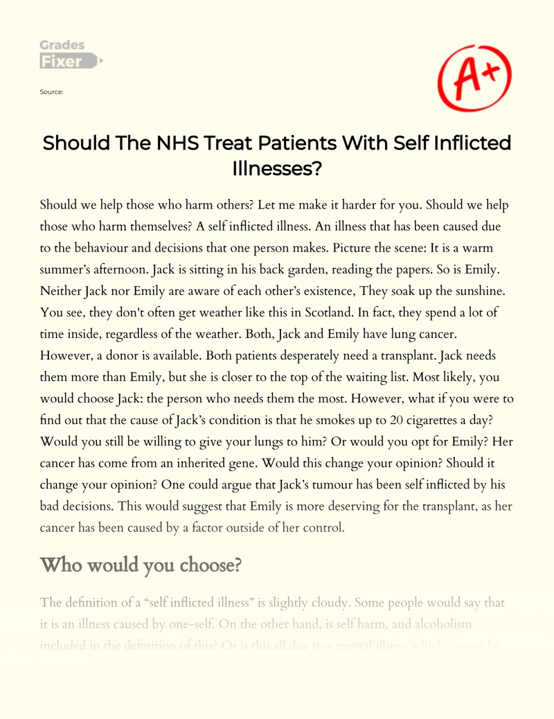 Should The Nhs Treat Patients with Self Inflicted Illnesses Essay