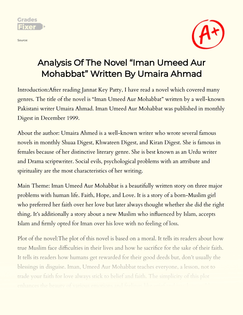 Analysis of The Novel "Iman Umeed Aur Mohabbat" Written by Umaira Ahmad Essay