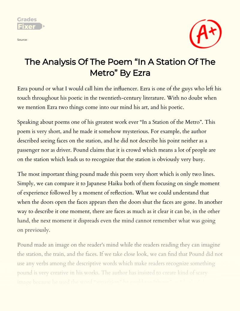 The Analysis of The Poem "In a Station of The Metro" by Ezra Pound Essay