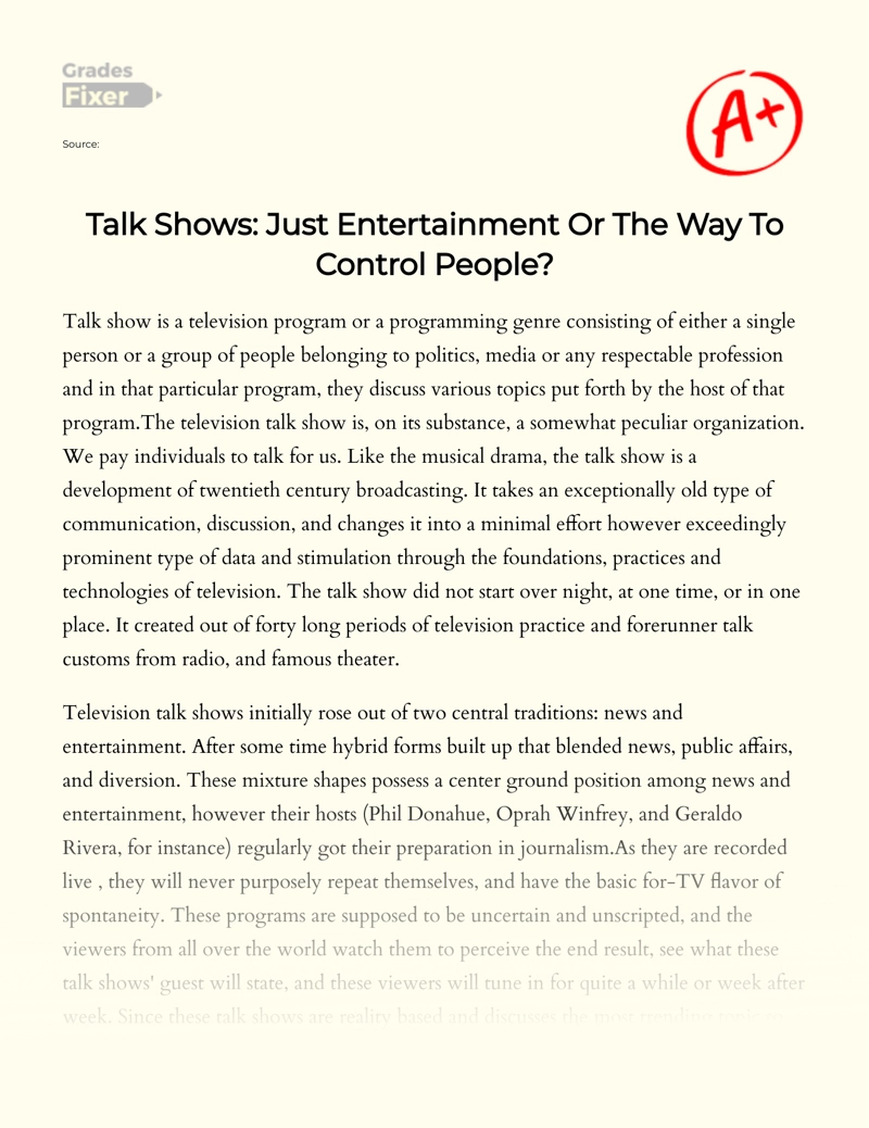 Talk Shows as The Way to Control People, But not Just Entertainment Essay