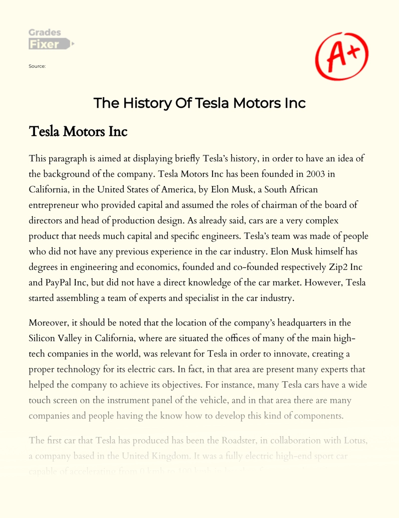 Tesla Motors Inc: History, Cars, Elon Musk and Facts essay