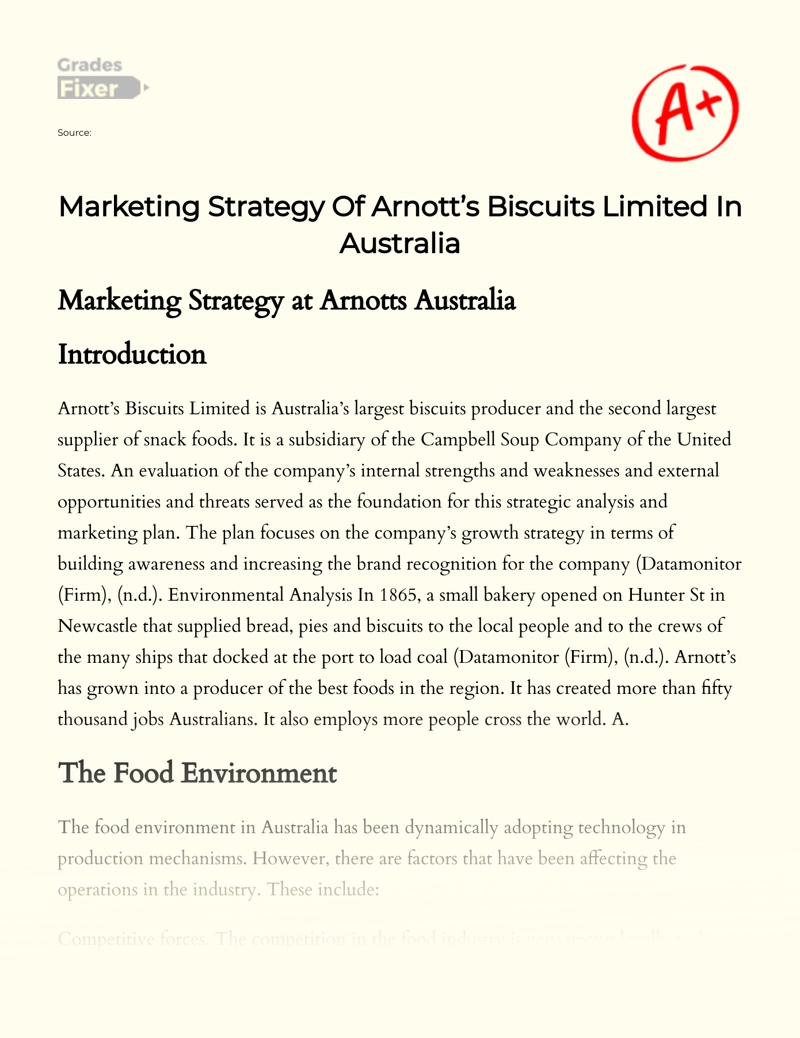 Marketing Strategy of Arnott’s Biscuits Limited in Australia Essay