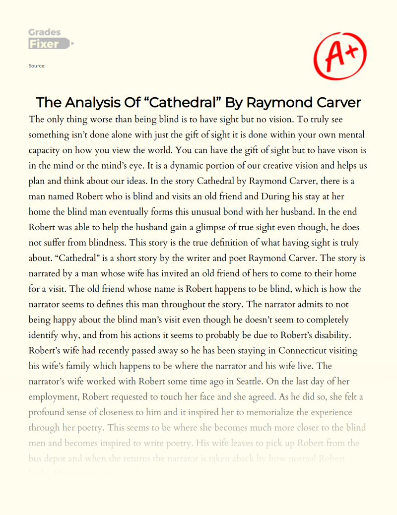 The Meaning of True Sight in "Cathedral" by Raymond Carver Essay