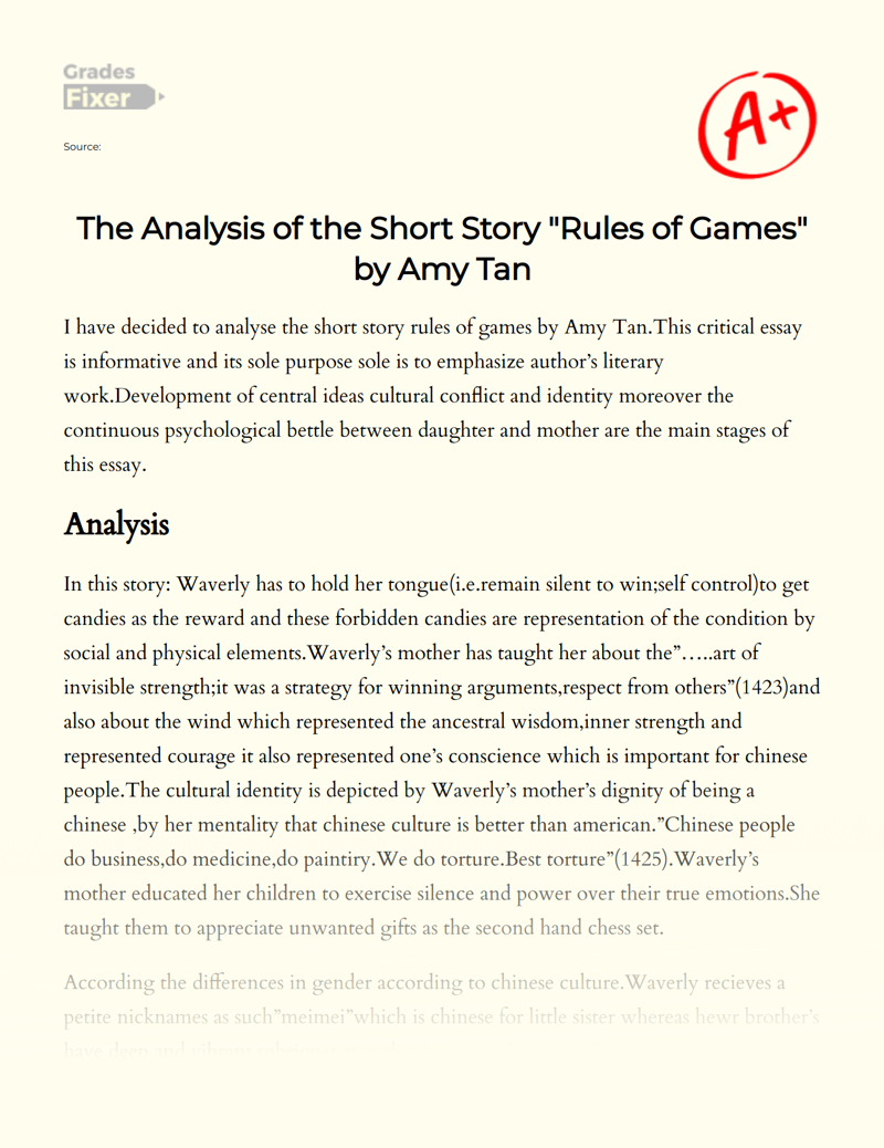 The Analysis of The Short Story "Rules of Games" by Amy Tan Essay