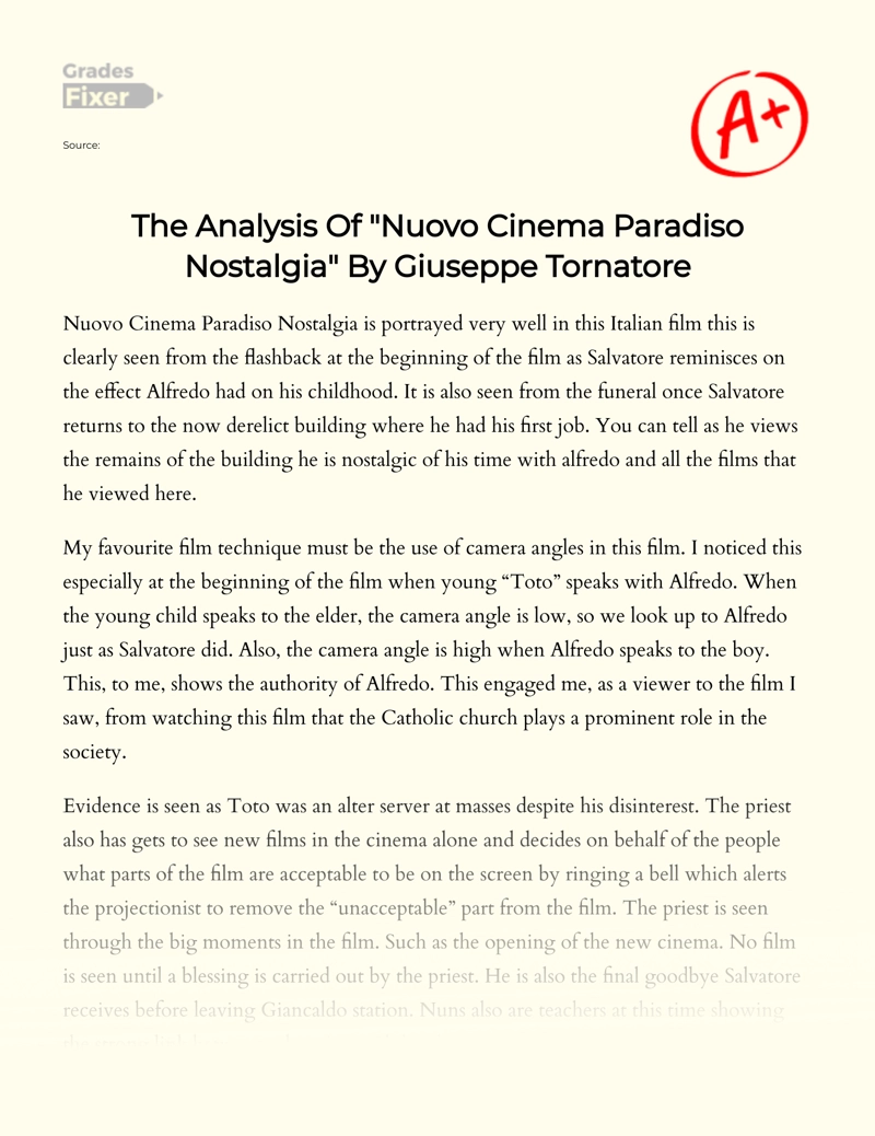 The Analysis of "Nuovo Cinema Paradiso Nostalgia" by Giuseppe Tornatore Essay