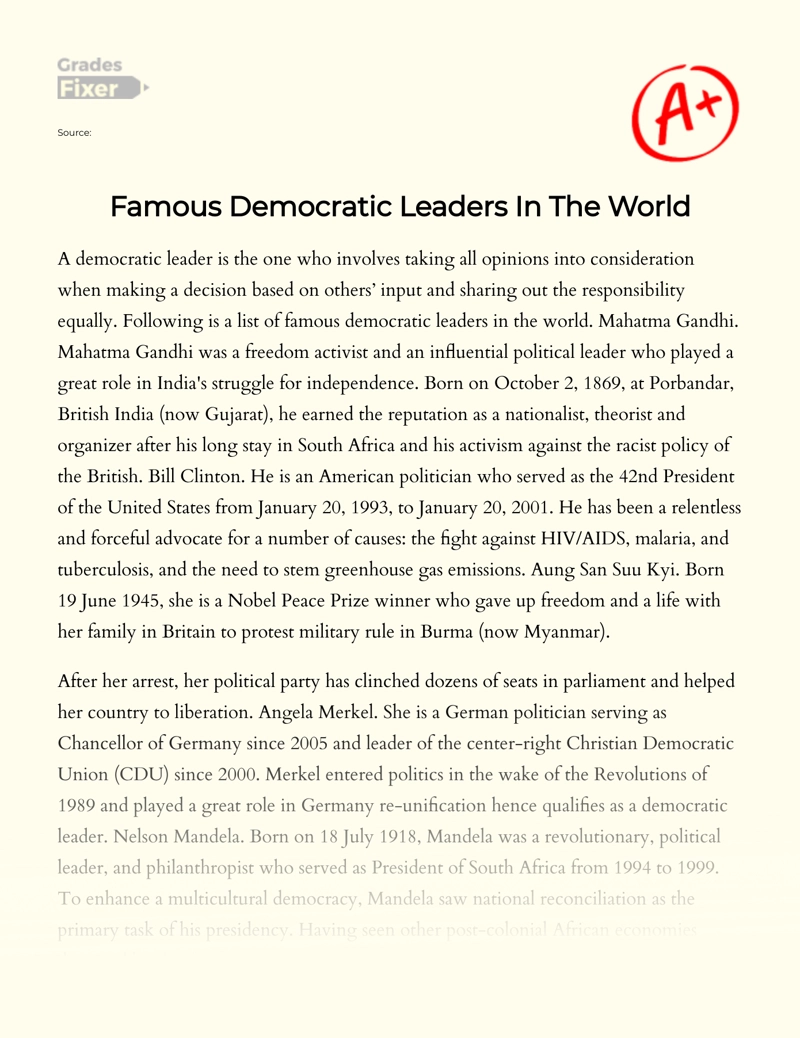 Famous Democratic Leadership Examples in The World Essay
