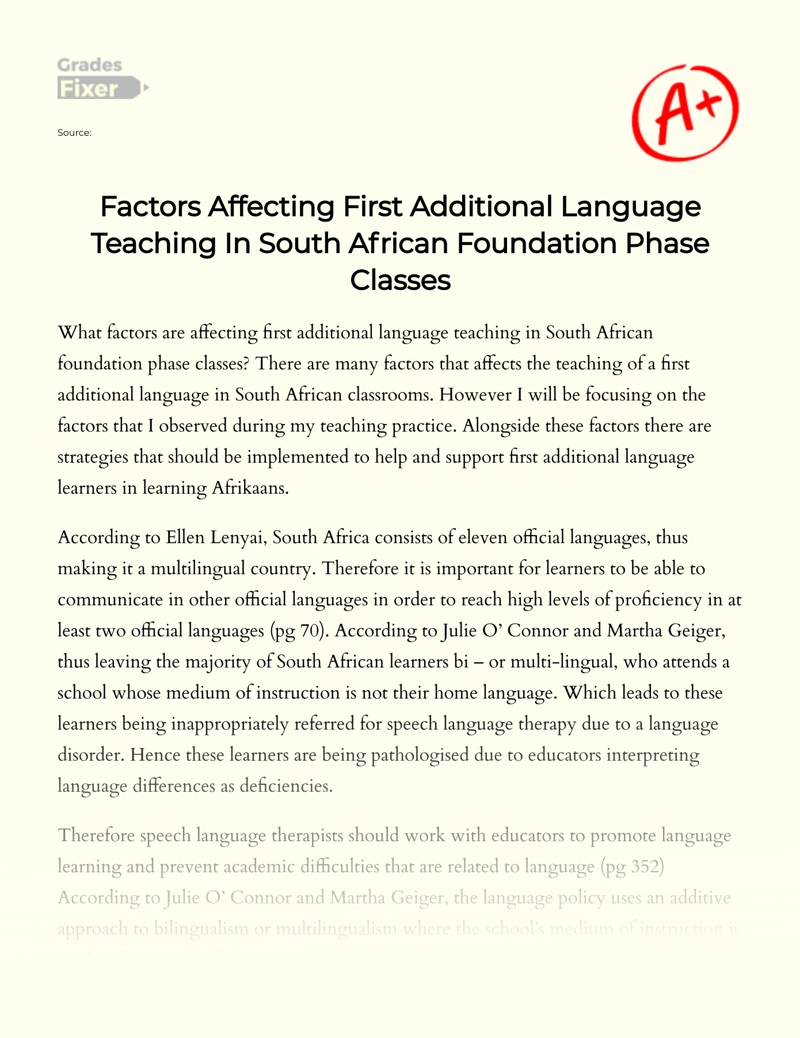 Factors Affecting First Additional Language Teaching in South African Foundation Phase Classes Essay