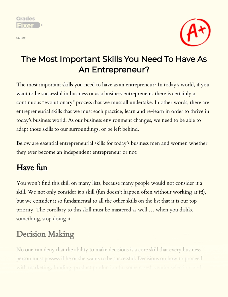The Most Important Skills You Need to Have as an Entrepreneur essay