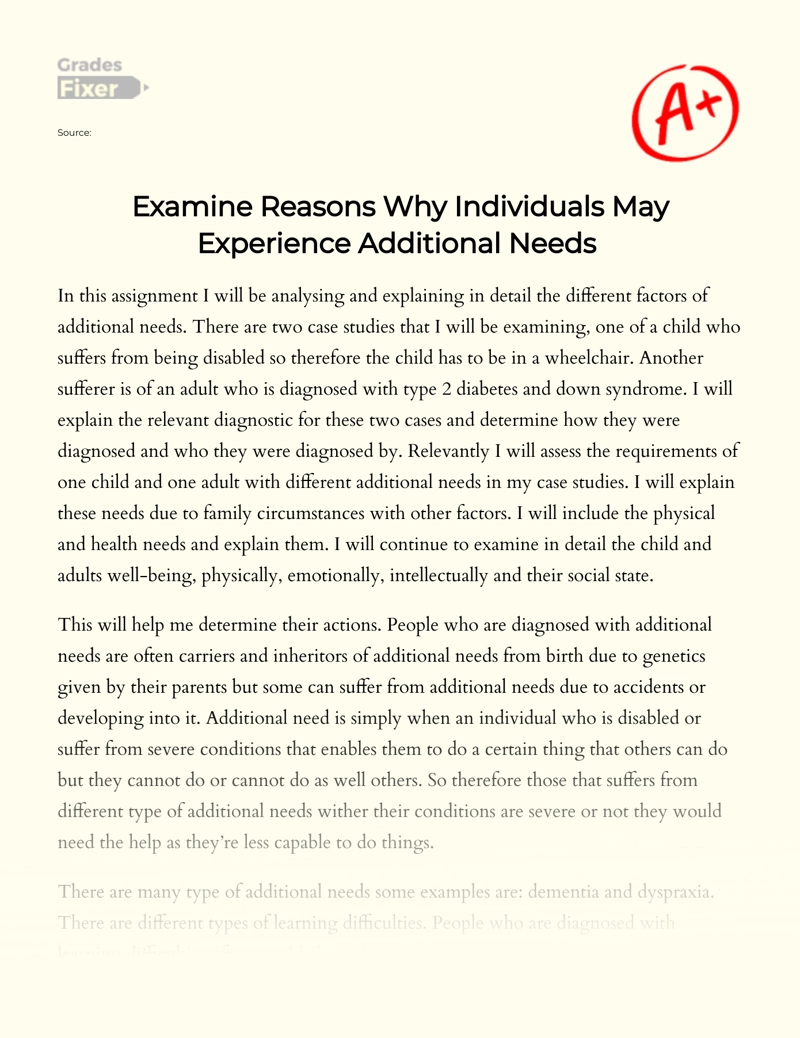 Examining of The Reasons: People May Experience Additional Needs Essay