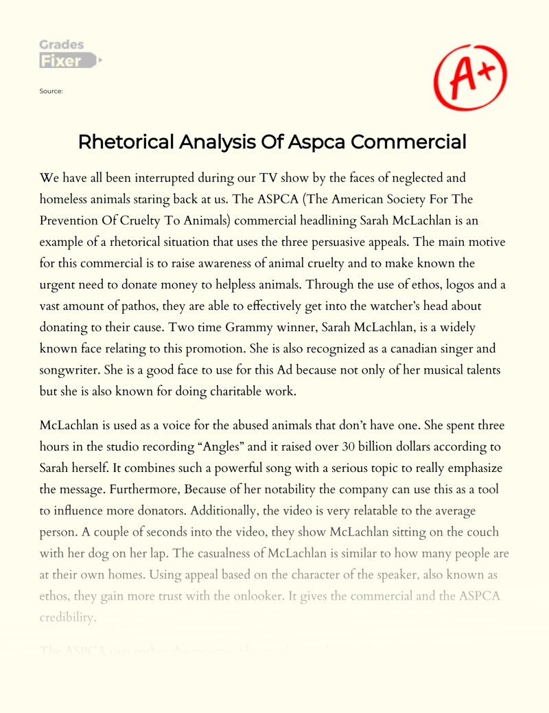Rhetorical Analysis of Aspca Commercial  Essay