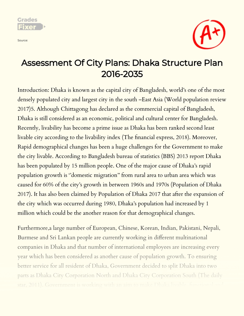 Assessment of City Plans: Dhaka Structure Plan 2016-2035 Essay