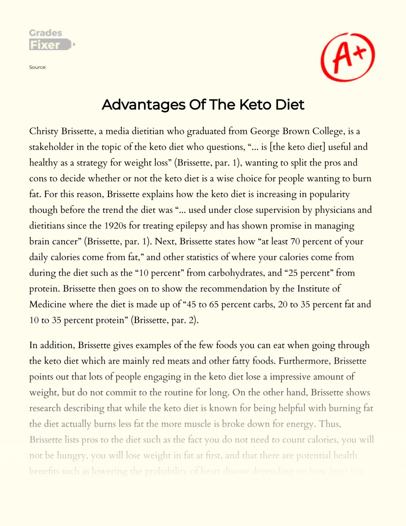 Review of Advantages of The Keto Diet Essay
