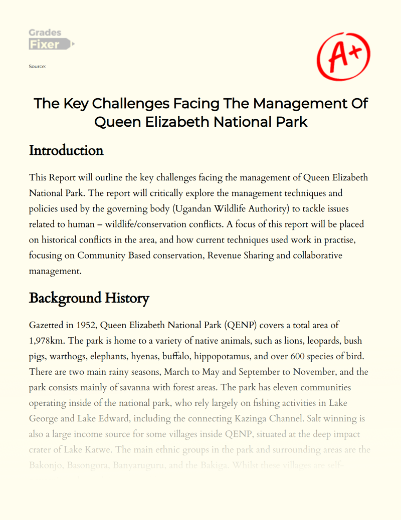The Key Challenges Facing The Management of Queen Elizabeth National Park Essay