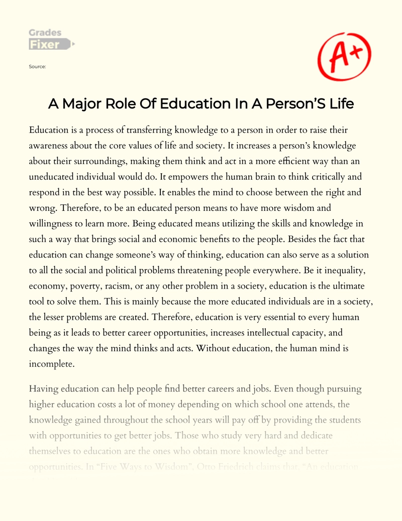 A Major Role of Education in a Person’s Life Essay