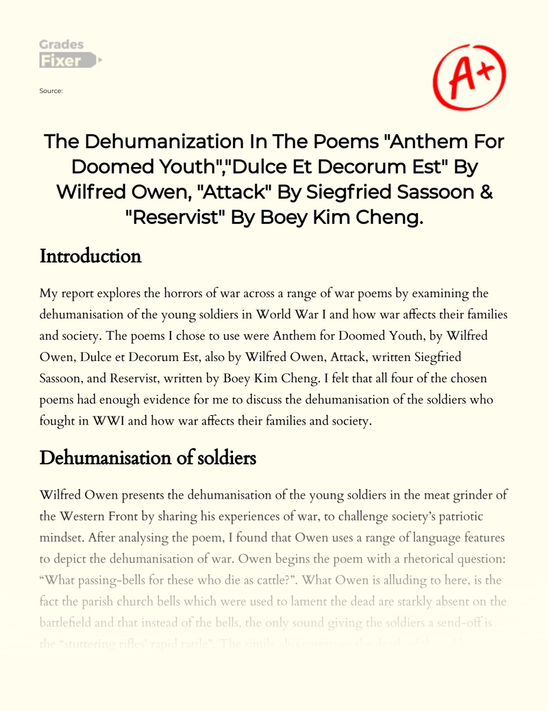 Dehumanization in War Poetry: Owen, Sassoon, and Cheng Essay