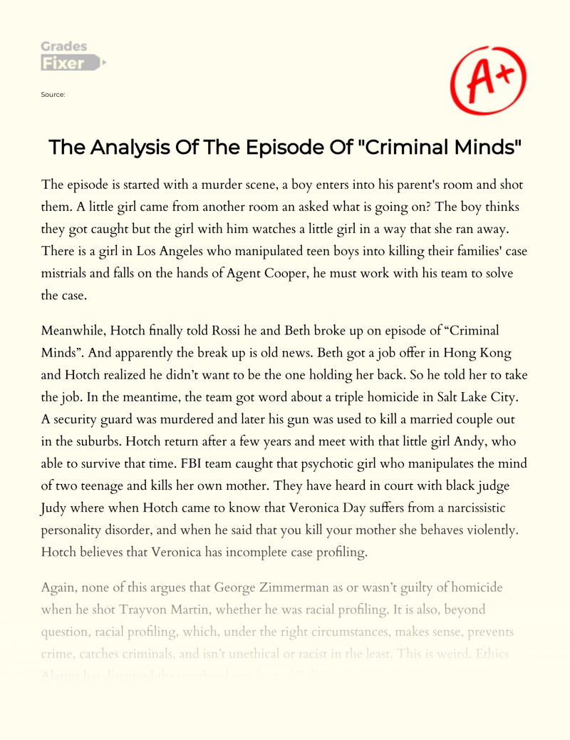 The Analysis of The Episode of "Criminal Minds" Essay