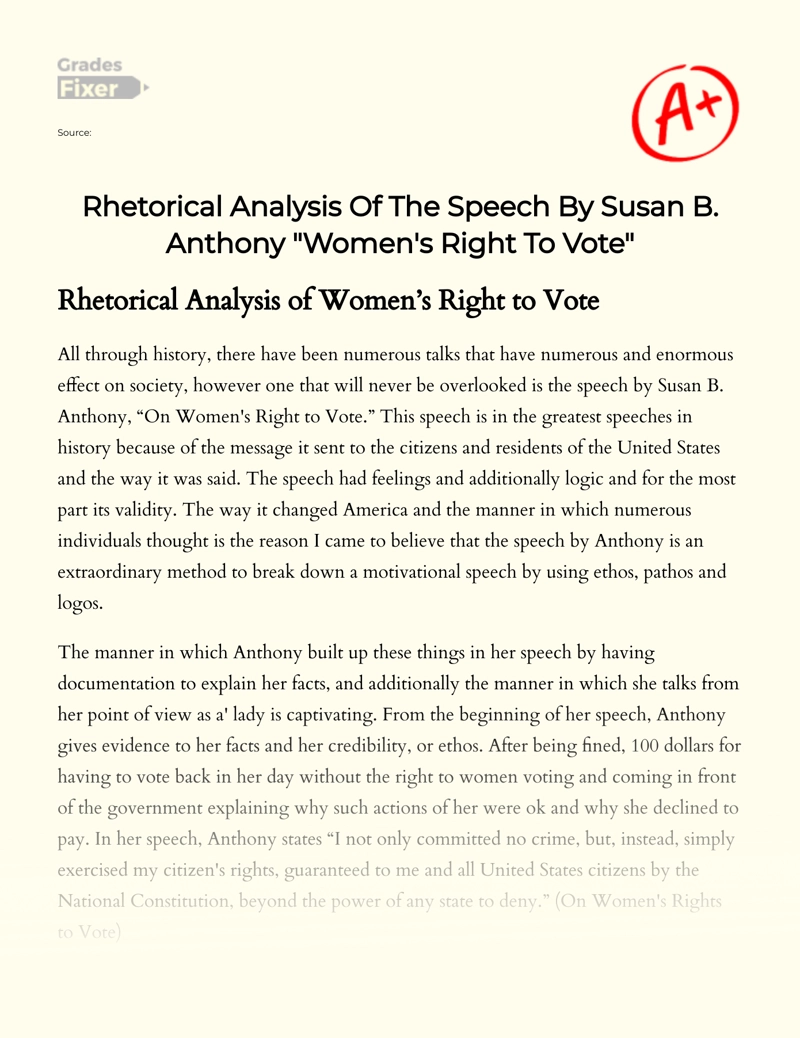 Rhetorical Analysis of The Speech by Susan B. Anthony "Women's Right to Vote" essay