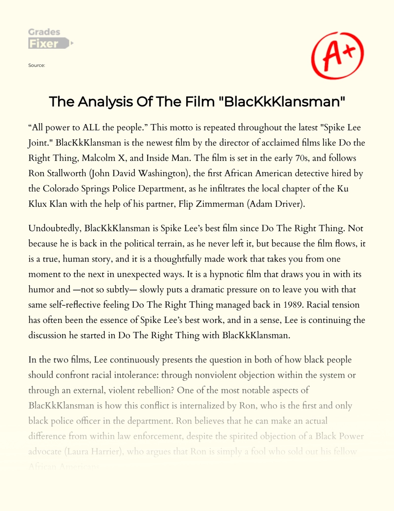 The Analysis of The Film "Blackkklansman" essay