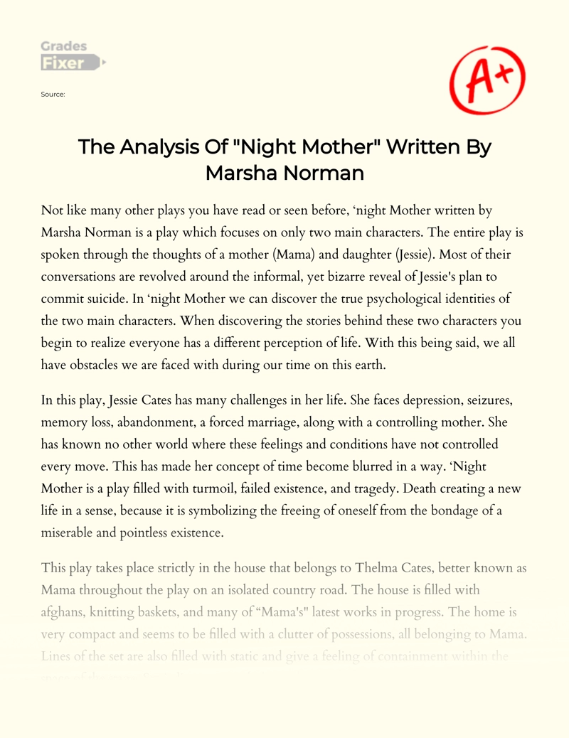 Marsha Norman's Plays "Night Mother" Analysis  Essay