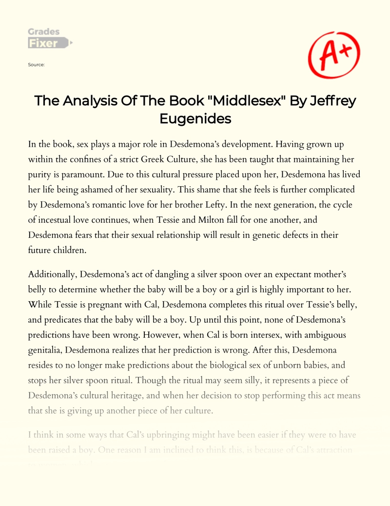 The Analysis of The Book "Middlesex" by Jeffrey Eugenides Essay