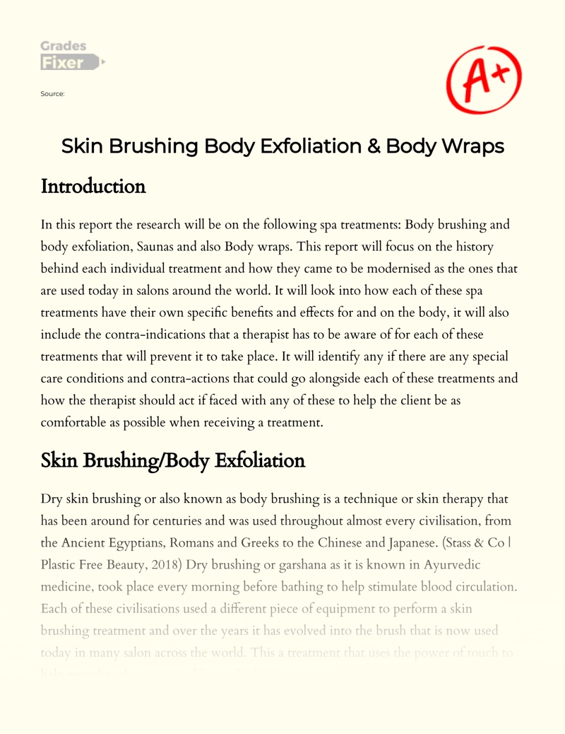 Skin Brushing Body Exfoliation & Body Wraps Essay