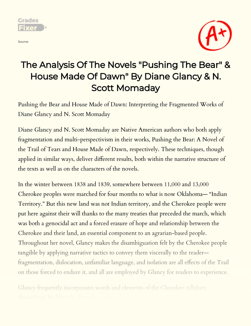 The Analysis of The Novels "Pushing The Bear" & House Made of Dawn" by Diane Glancy & N. Scott Momaday Essay