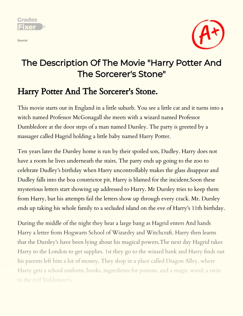 The Description of The Movie "Harry Potter and The Sorcerer's Stone" Essay