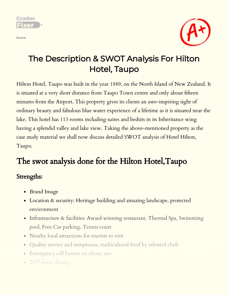 The Description & Swot Analysis for Hilton Hotel, Taupo essay
