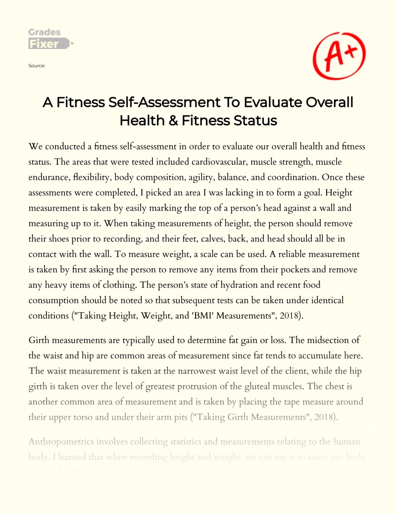 A Fitness Self-assessment to Evaluate Overall Health and Fitness Status Essay