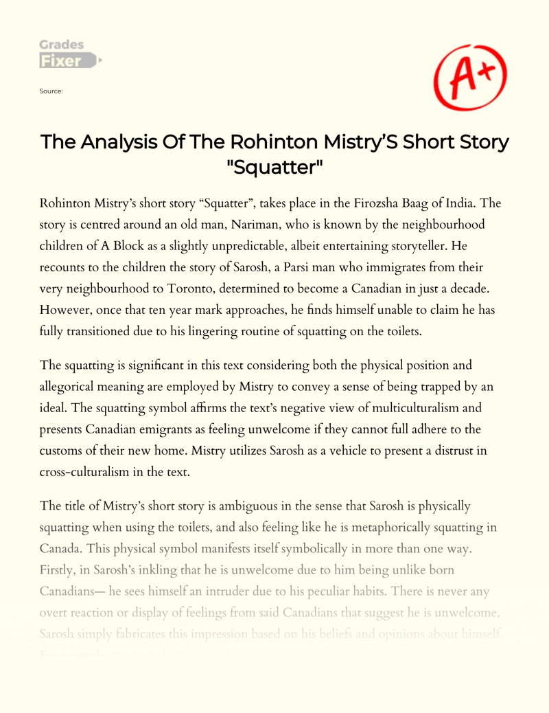 The Analysis of The Rohinton Mistry’s Short Story "Squatter" Essay