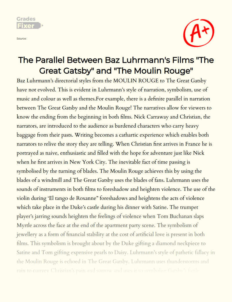 The Parallel Between Baz Luhrmann's Films: "The Great Gatsby" and "The Moulin Rouge" Essay