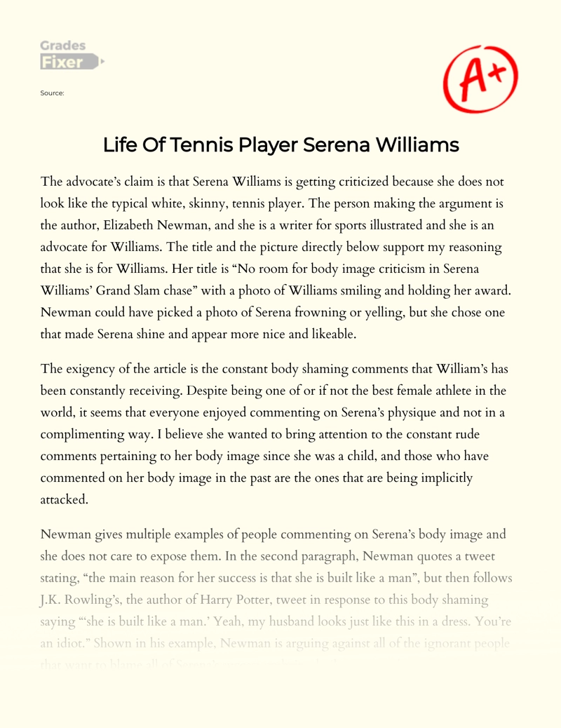 The Article on Body Image Criticism of Serena Williams Essay