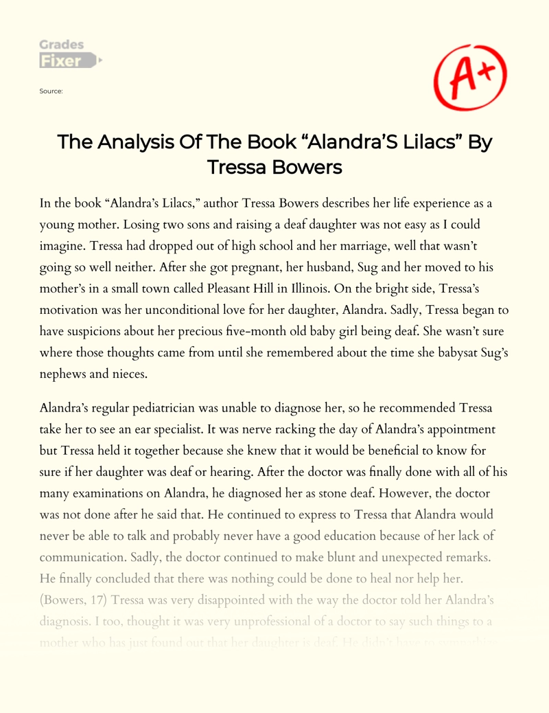 The Analysis of The Book "Alandra’s Lilacs" by Tressa Bowers Essay