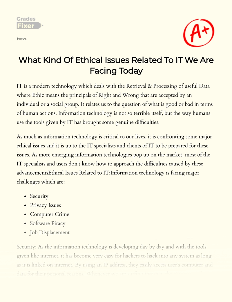 What Kind of Ethical Issues Related to It We Are Facing Today essay
