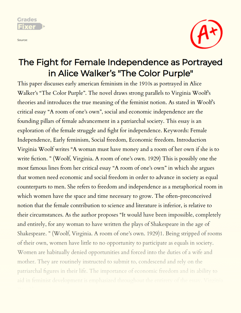 The Fight for Female Independence as Portrayed in Alice Walker’s "The Color Purple" Essay