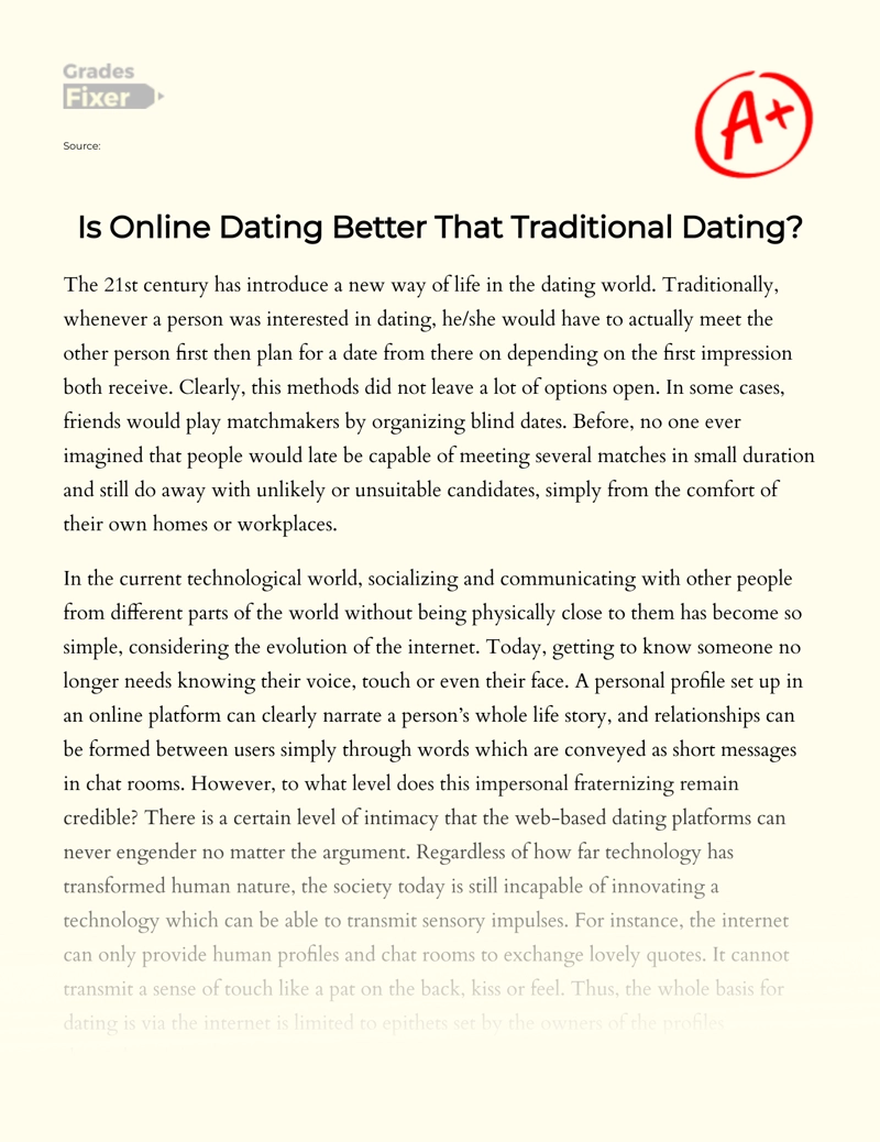 Online Dating Better Or Traditional Dating Essay