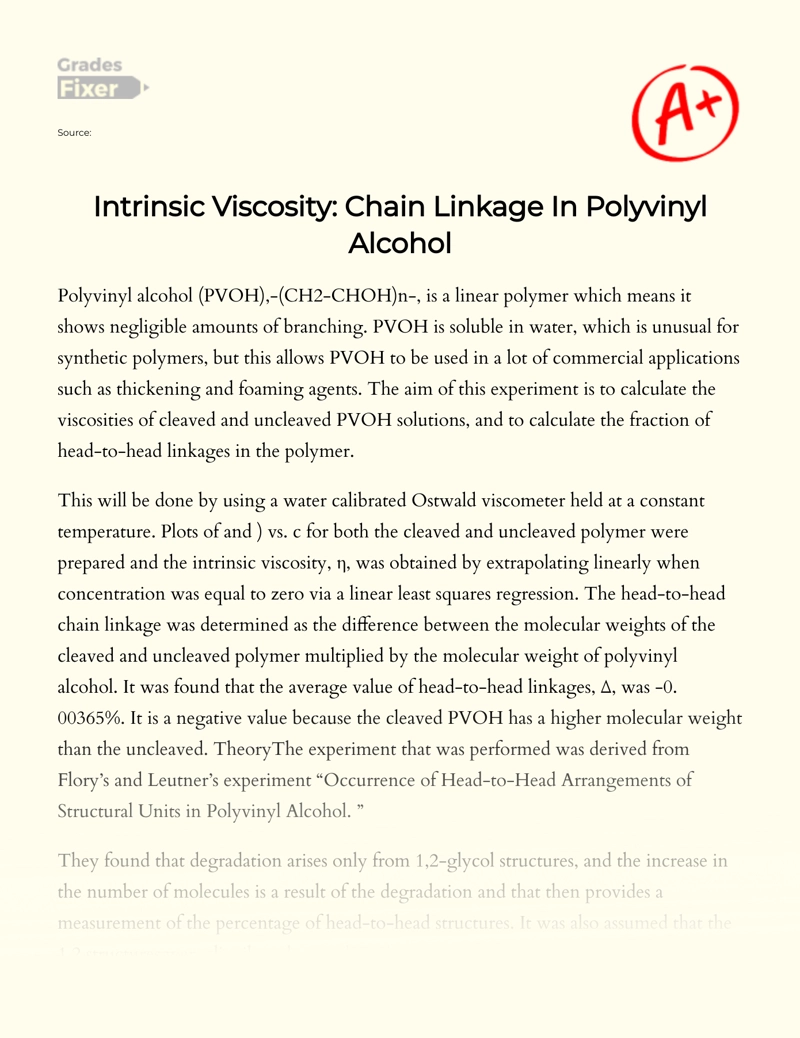 Intrinsic Viscosity: Chain Linkage in Polyvinyl Alcohol Essay