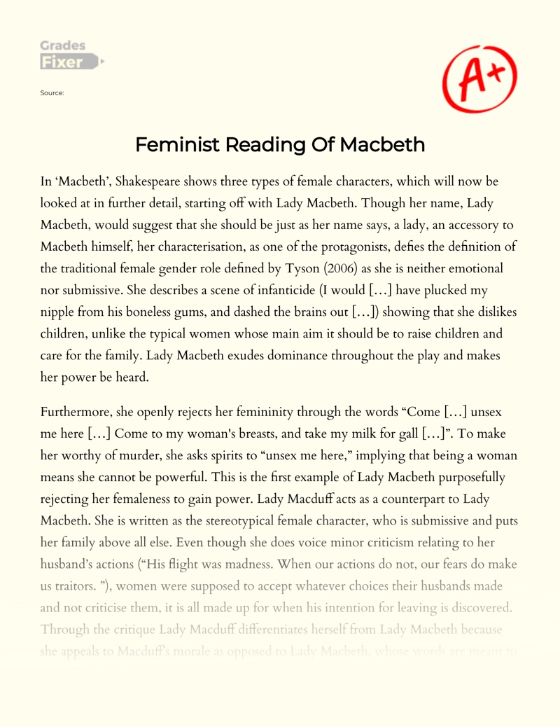 A Feminist Reading of Lady Macbeth Essay