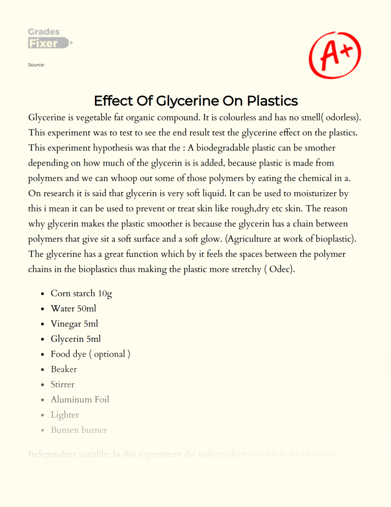 Effect of Glycerine on Plastics  Essay