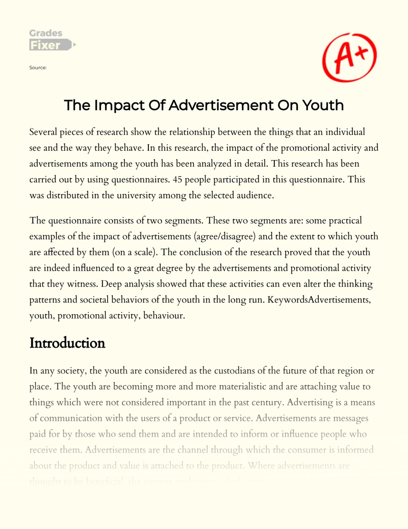The Impact of Advertisement on Youth Essay