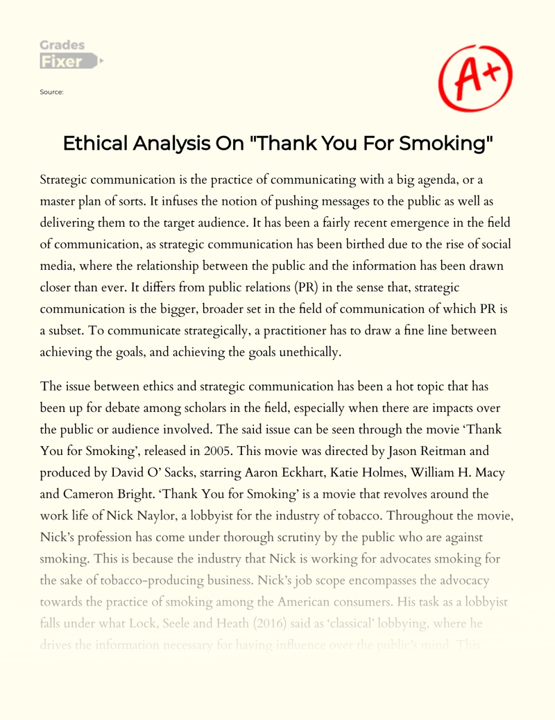 Ethical Analysis on "Thank You for Smoking" Essay