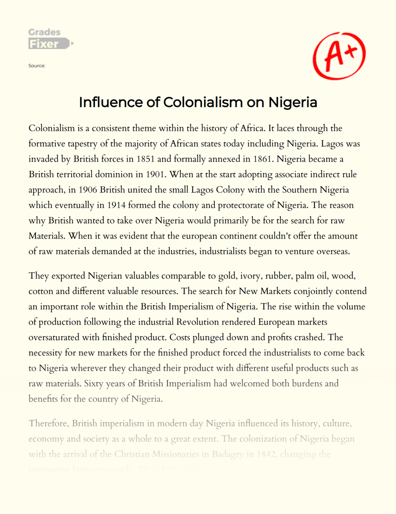 Influence of Colonialism on Nigeria Essay
