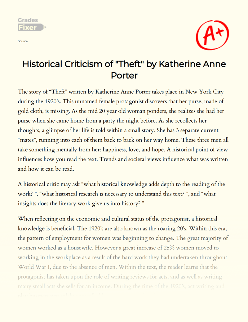 Historical Criticism of "Theft" by Katherine Anne Porter Essay